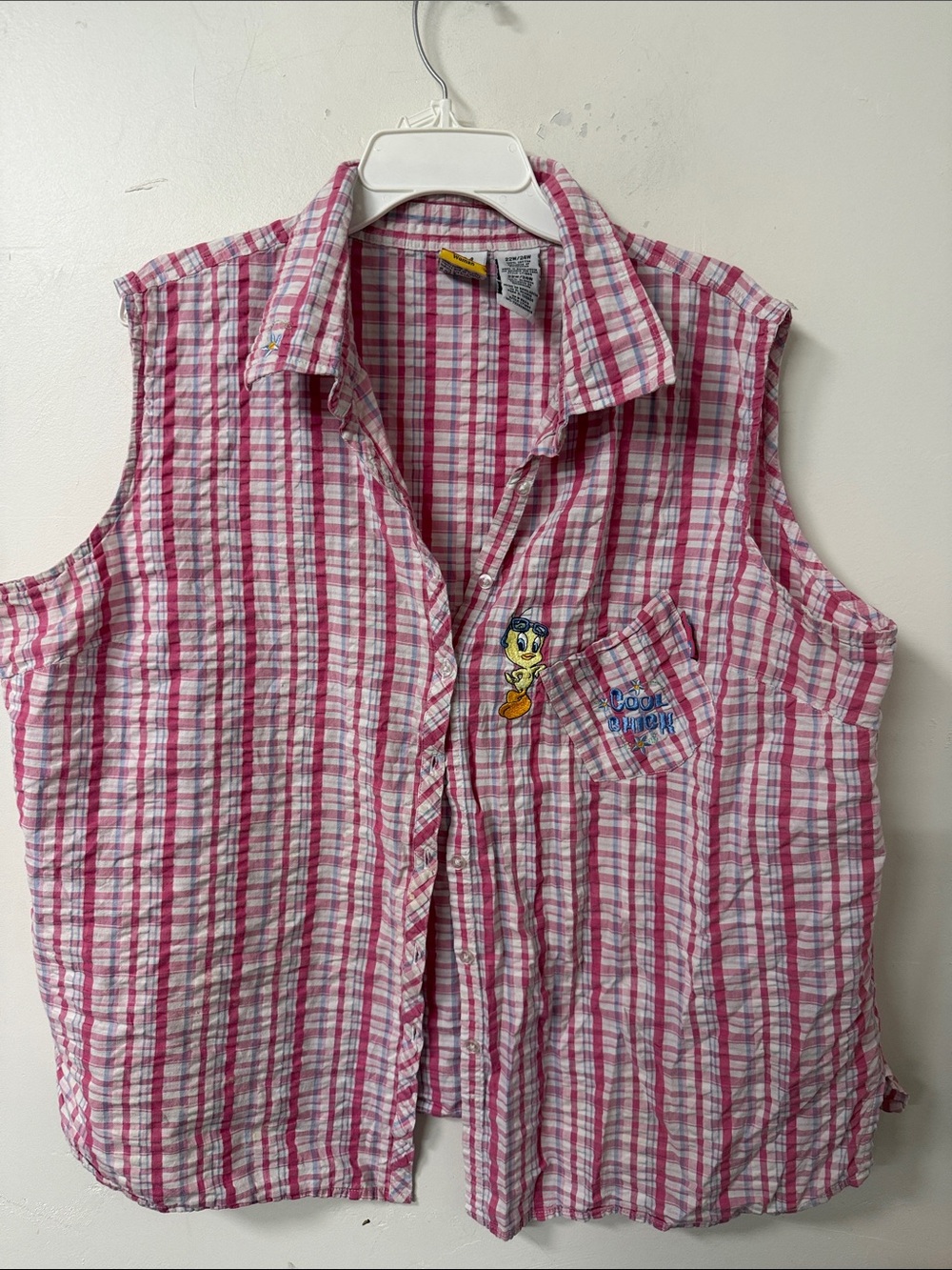 Warner Bros. Pink Plaid Sleeveless Button-Up with Tweety Pocket vintage